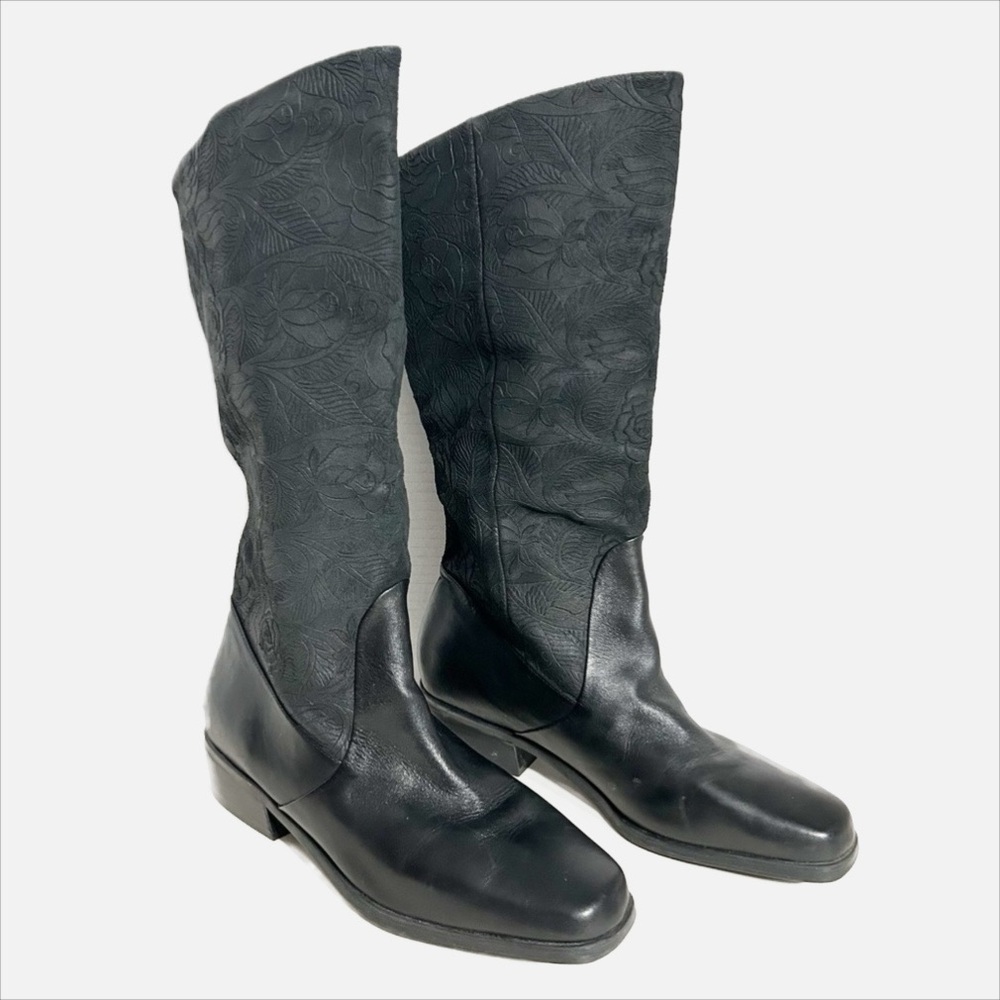 Markon Suela Black Leather Mid-High Riding Boots with Floral Embossed Detail 9.5